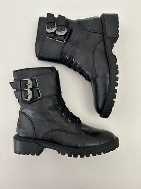 Vince Camuto Fawdry Leather Combat Boots Buckle lace Up Black Size 6.5M